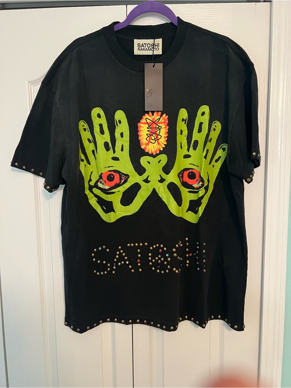 Satoshi oversized Black Short-Sleeve Graphic Tee with Neon Green Print